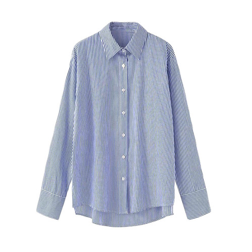 Women's blue vertical striped shirt with design sense, niche long-sleeved inner wear for 2025, versatile early autumn layering top