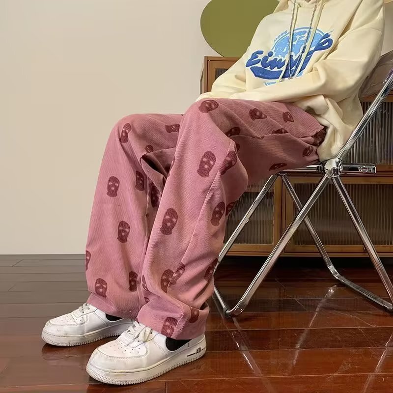Pink corduroy pants men's fashion brand High Street skull full printed straight wide-leg pants autumn ulzzang Sports