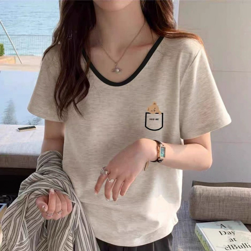 [Горячая распродажа в магазине] 2025, летняя новая футболка из чистого хлопка с короткими рукавами на правое плечо для женщин, свободная и тонкая мода в корейском стиле