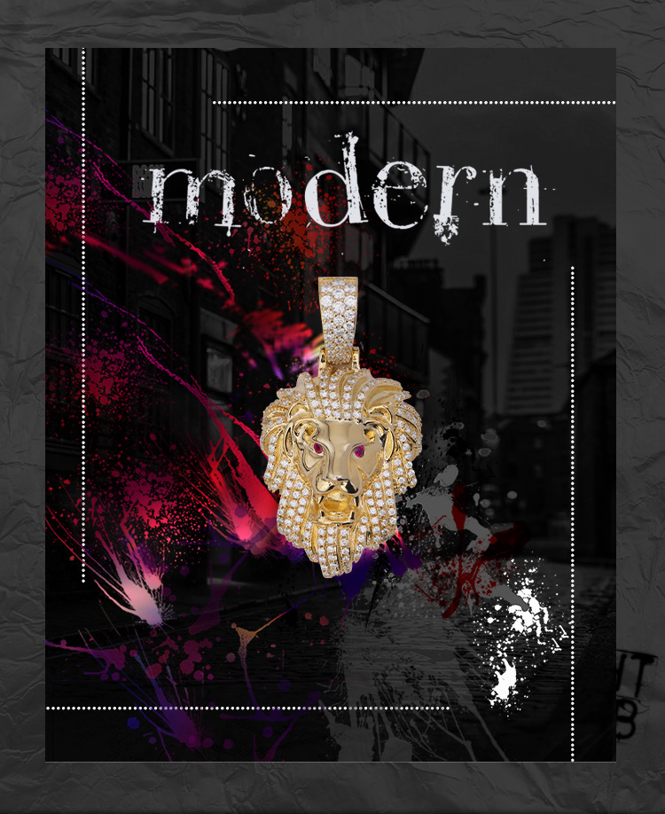 Lion Head Pendant Necklace For Men With Zircon And Copper Detail_voghion.com