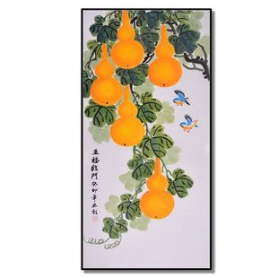 Purely Hand-Painted Chinese Painting of Gourds with Five Blessings for the Living Room, Dining Room, Entrance Hall, Decorative Painting, Famous Calligraphy and Painting Vertical Scroll Painting