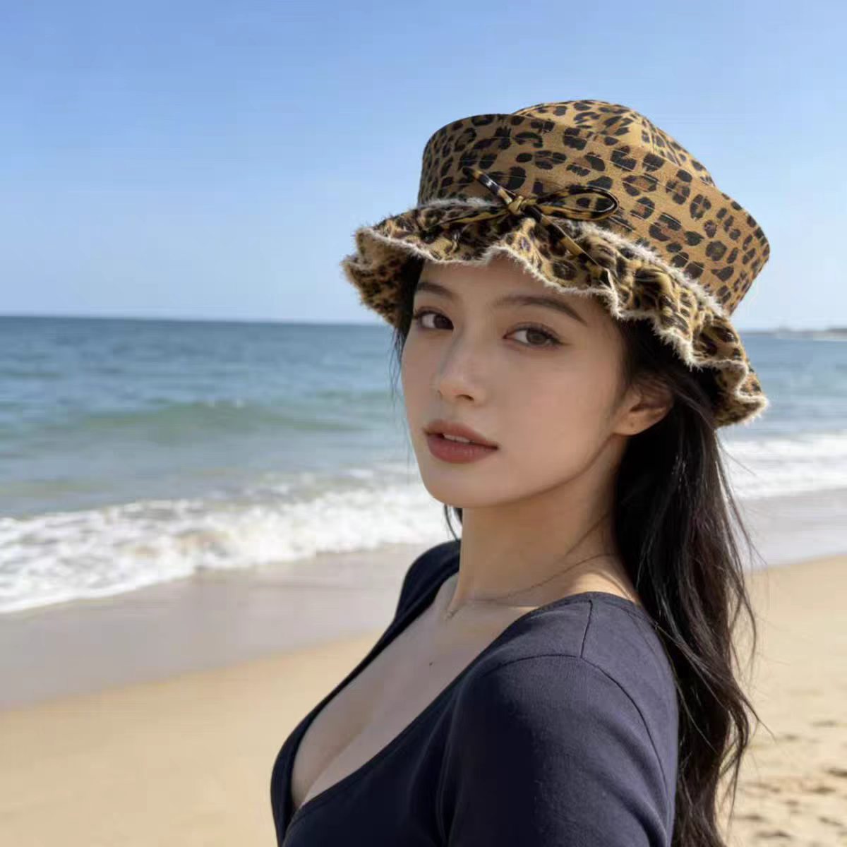 표범 무늬 해변 촬영용 흰색 선장 네이비 모자