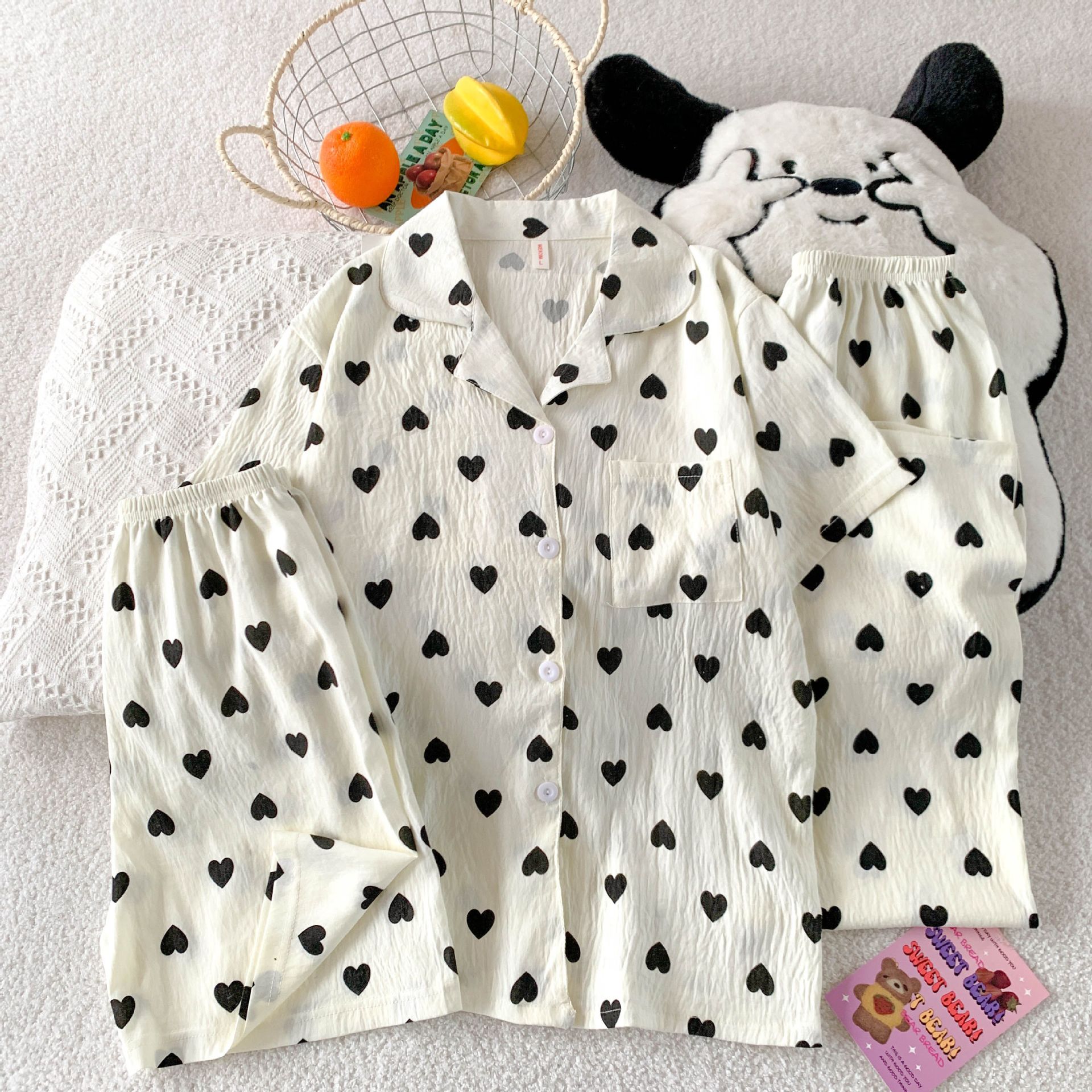 Volumen de carrera transfronterizo verano nuevo pijama amor de las mujeres pantalones cortos largos de manga corta traje de tres piezas de algodón nube ropa de hogar se puede usar afuera