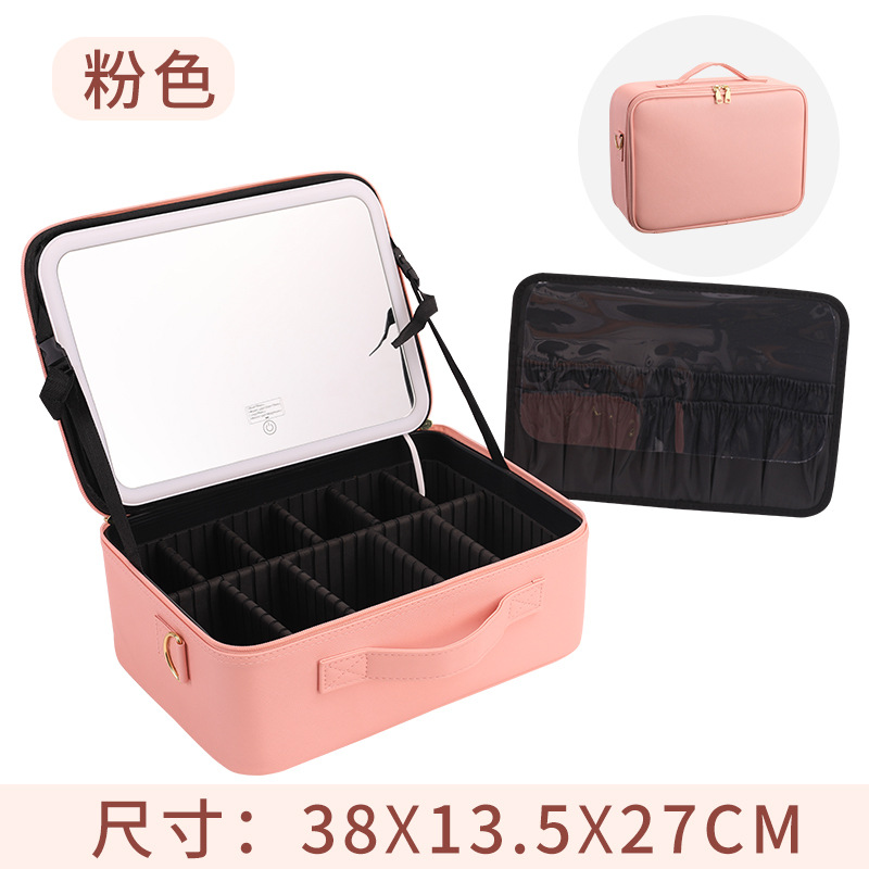 Bolsa de maquillaje con luz LED y espejo, bolsa de almacenamiento de cosméticos negra de gran capacidad, estuche de maquillaje en polvo, esencial para viajes con LED