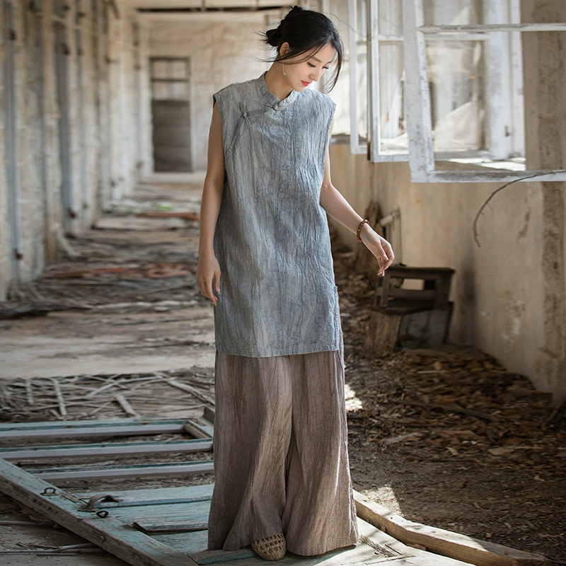 Новая женская майка-топ без рукавов в улучшенном китайском стиле, осенняя, из тонкого рами, с тай-дай и пуговицами