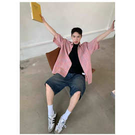 好货超好看别致粉色格子衬衫女宽松叠穿法式休闲衬衣短袖上衣男士