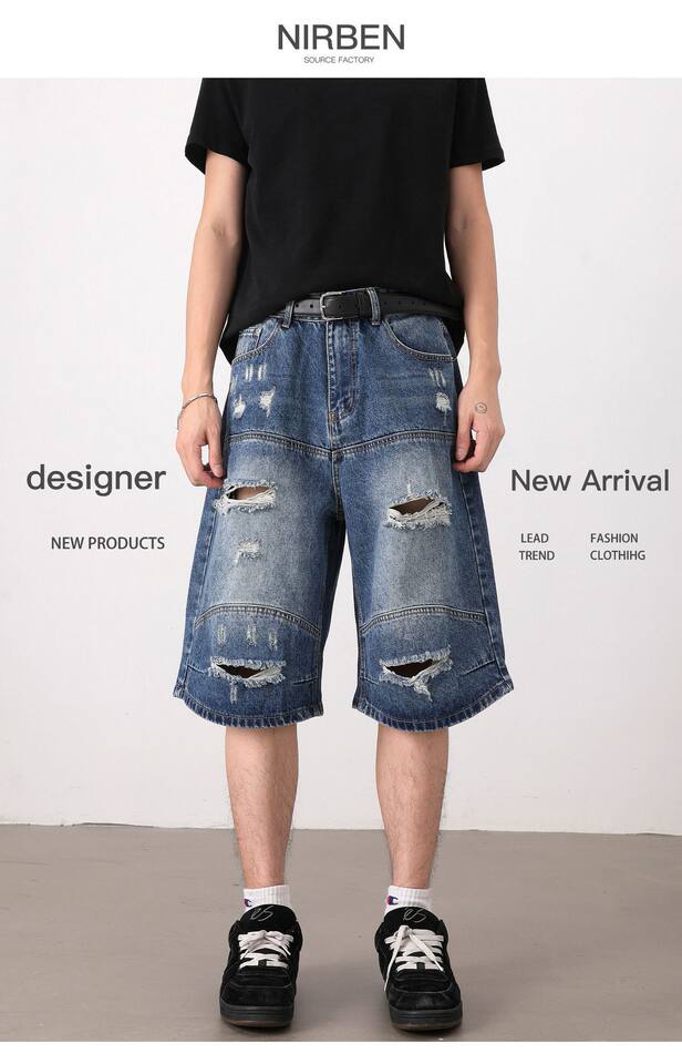 Quần short jean nam dáng rộng phong cách retro, rách giặt mài, lửng ống đứng — Màu xanh dương chi tiết 3