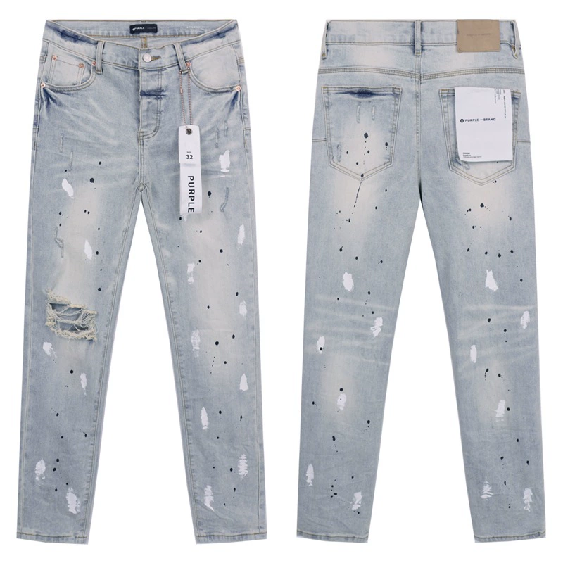 Новые Purple Brand splash-ink принт американский стиль высокого стрит, стирка washed distressed casual ripped skinny джинсы для мужчин