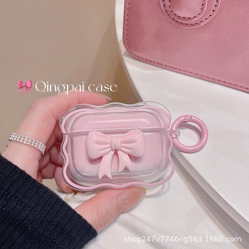 Защитный чехол для Apple AirPods (1–4, Pro, Pro 2) с фуксиевой лентой-бабочкой, прозрачный силикон мягкий и кольцо для ключей