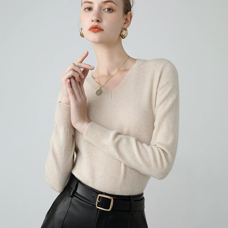 Кашемировый свитер с V-образным вырезом, женский осенне-зимний новый свободный короткий пуловер с длинными рукавами, свитер, Вязаная Шерстяная Базовая рубашка для женщин