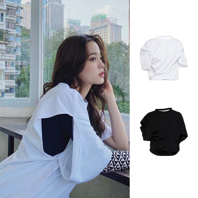 [No Return or Exchange on Clearance] Deconstructed Multiple Ways to Wear Cut Out Shoulder Drawstring Short-Sleeved Asymmetrical Trendyy T-Shirt