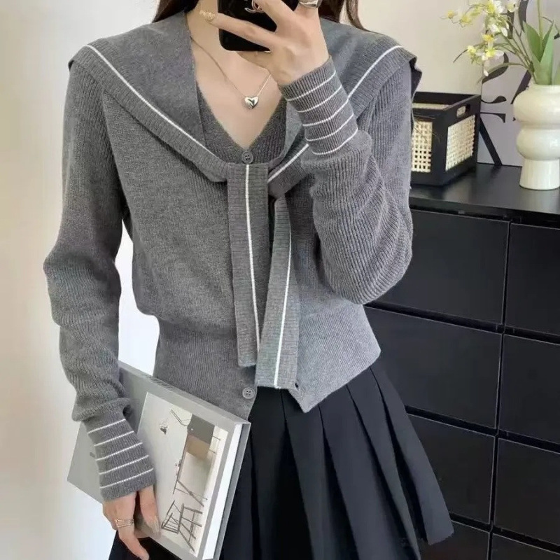 Korean-style Knitted Cardigan with Shawl Long-sleeved Two-piece New Style Slim Sweater with Navy Collar and Fragrant Style Western Style Top Korean-style Knitted Cardigan with Shawl Long-sleeved Two-piece New Style Slim Sweater with Navy Collar and Fragrant Style Western Style Top