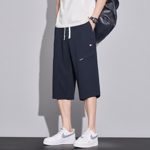 Summer thin straight-leg casual pants for men, elastic versatile business fashion slimming ice silk mid-calf pants for men, five-inch