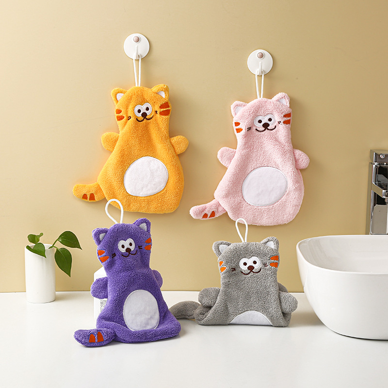 Z hand towel, hanging coral velvet cartoon cat embroidered hand towel, kitchen and bathroom hand towel