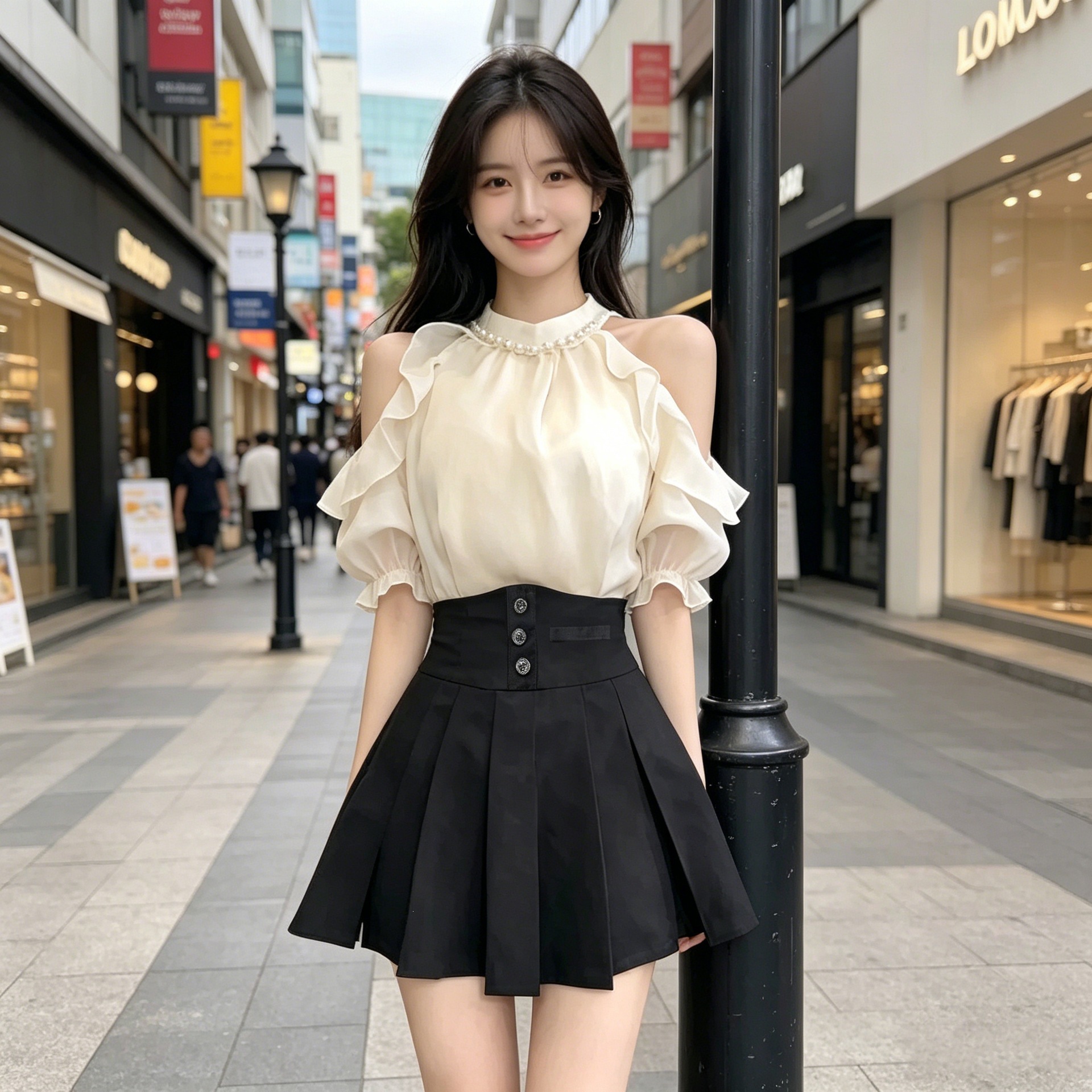 French-Style Chic Halter-Neck Shiny Chiffon Top with Short Sleeves, Puff Sleeves, and Off-Shoulder Design Paired with a Skirt Set