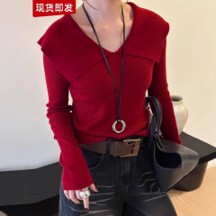 ネイビーカラーウールセーターレディースヨーロッパステーション2024秋新作ヨーロッパ婦人服ファッショナブルなボトリングシャツトレンド