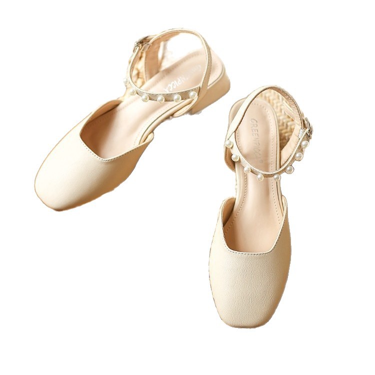 Sandalias de perlas de cabeza de hadas 2026 verano versátil tacones gruesos suaves zapatos de talón medio Mary Jane