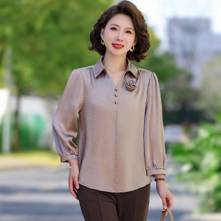 Fashion mother spring and autumn new three-dimensional shirt with flower 2025 middle-aged mother solid color plus size top