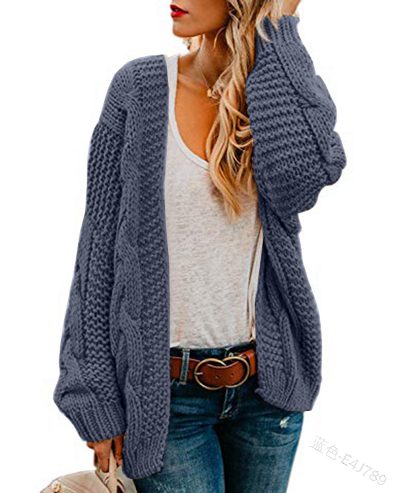 Solid Color Thick Needle Twist Knitted Mid-Length Cardigan NSJXW106946