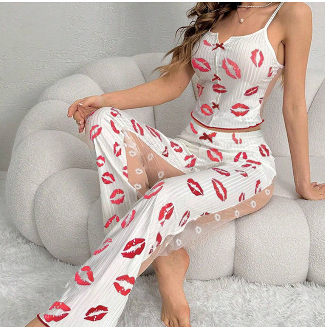 Cross-Border Sexy Camisole Lingerie Hot Sale Printed Color-Blocking Mesh Patchwork Ribbed Loungewear Pajama Women's Long Pants Set