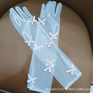White Long Gloves, Transparent Gauze, Small Bow, Pearl-Covered Fingers, Bridal Wedding Dress, Half-Finger Stage Performance