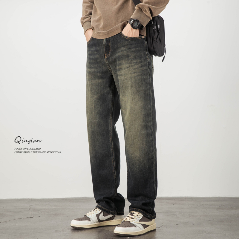 Straight jeans men's fashion brand loose casual plus size wide leg stretch American retro Ruan handsome pants Autumn New Straight jeans men's fashion brand loose casual plus size wide leg stretch American retro Ruan handsome pants Autumn New