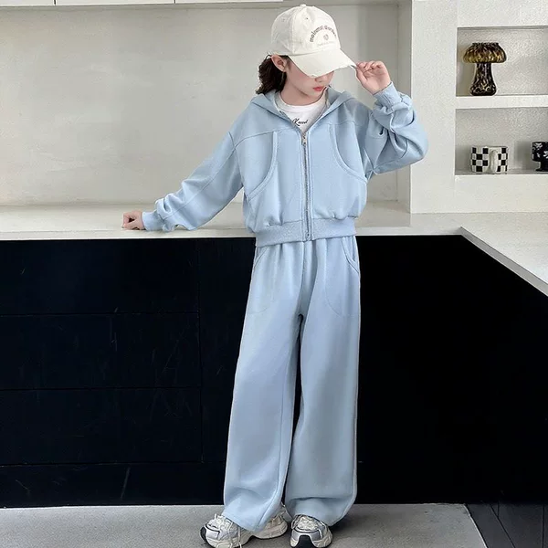 Girls' Spring and Autumn Solid Color Outfit 2025 New Stylish Casual Trendy Clothes for Older Children Sports Two-Piece Set Trendy