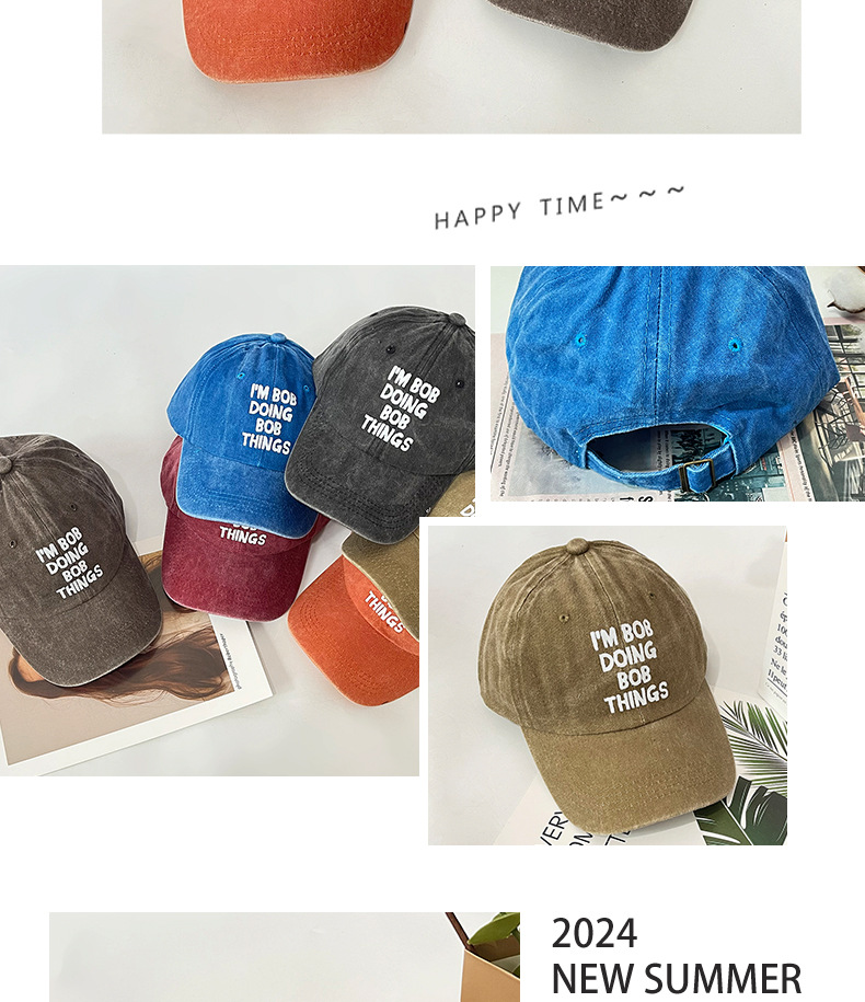 Unisex Retro casual trend Soft top I'M BOB printed washed baseball cap for outdoor shade_voghion.com