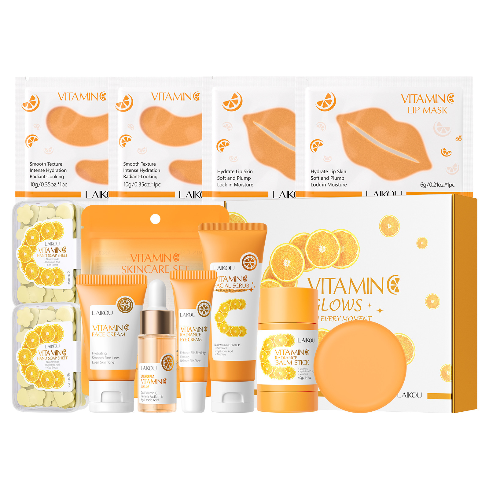 Transfronterizo LAIKOUFENYI Vitamina C serie combinación hidratación humectante productos de cuidado de la piel paquete de caja Inglés FDA productos de cuidado de la piel
