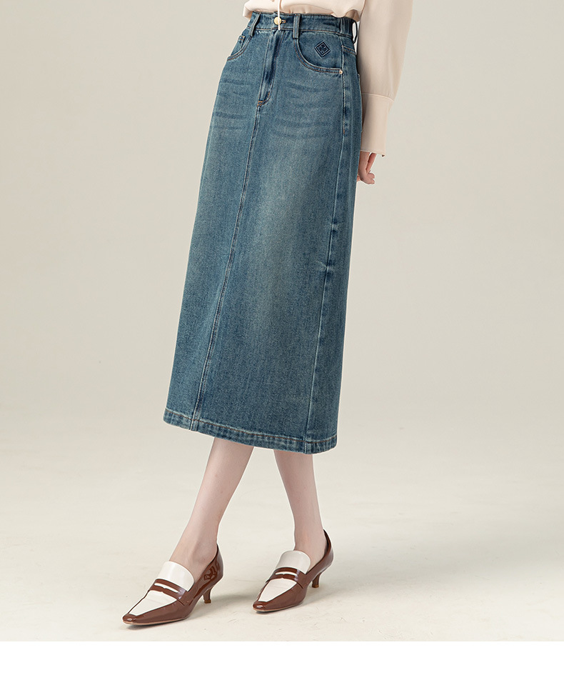 Chân váy denim Lyocell nữ xẻ tà sau, cạp cao ôm dáng dáng thẳng — Màu xanh lam chi tiết 12