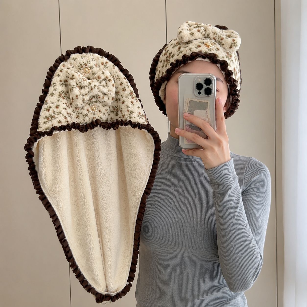 New floral print hair drying cap, thickened coral fleece hair towel, pullover absorbent lace headscarf, quick-dry shower cap