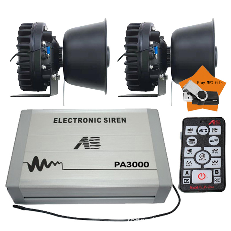 PA3000E Car Electronic Siren, Remote Control MP3 Loudspeaker, Car Siren with High-Pitched Sound + Stainless Steel Horn