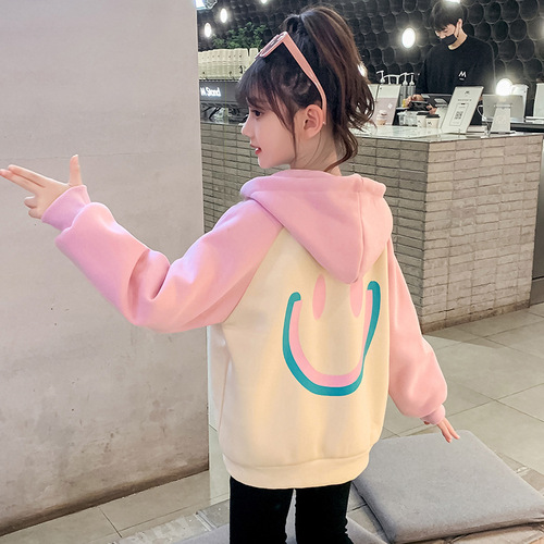 2024 Autumn and Winter Girls New Cardigan Jacket Thickened Double Layer Hooded Smiling Middle-aged Children, Primary School Students Kindergarten