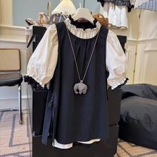 春秋套装长袖罩衫女童时尚泡泡袖连衣裙套装韩版女童春季真两件套