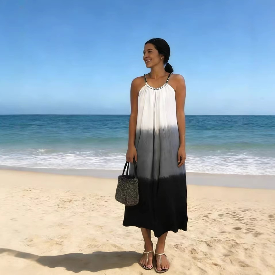 Plus Size Women Black Gray Gradient Tie Dye Suspender A Line Big Hem Midi Dress Casual Summer Beach Party Dress_ecoleips.com