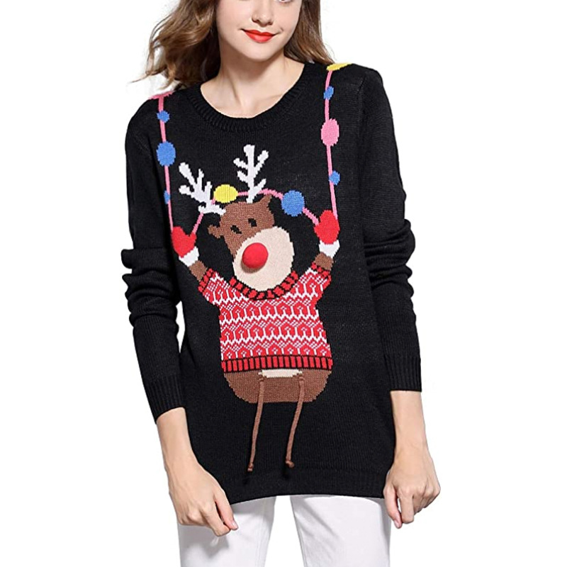 Pull de noël femme jacquard renne pour l'hiver au quotidien_voghion.com