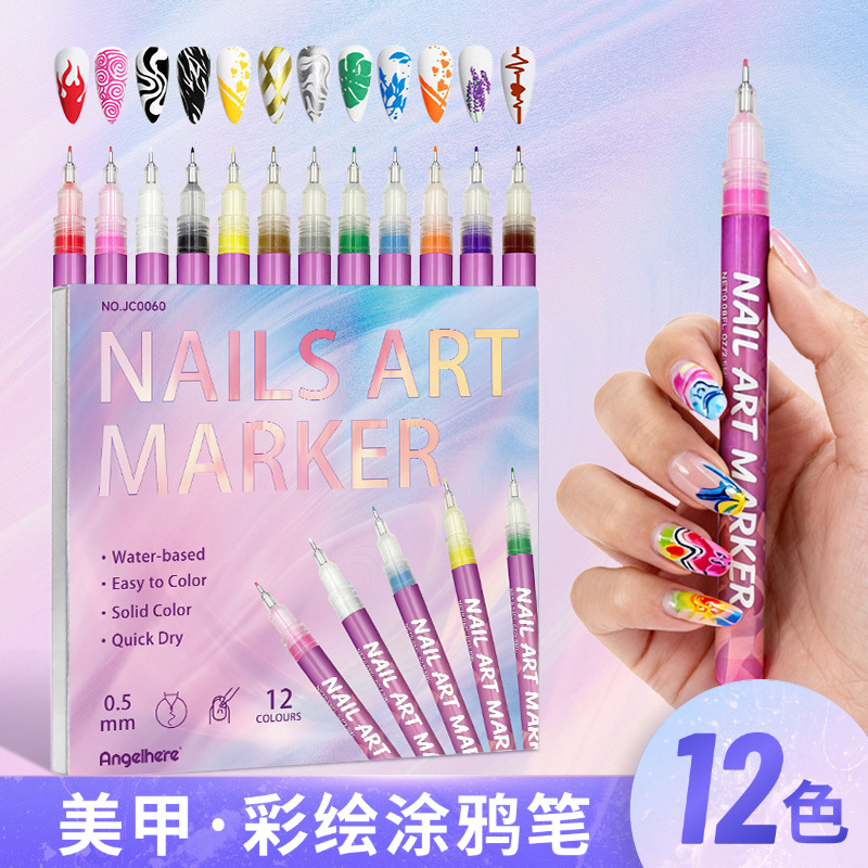 12-Color Ultra-Fine Nail Art Pen, Line Drawing Pen, Dotting Needle Pen, DIY Hand-Painted Outlining Pen, Nail Art Graffiti Pen