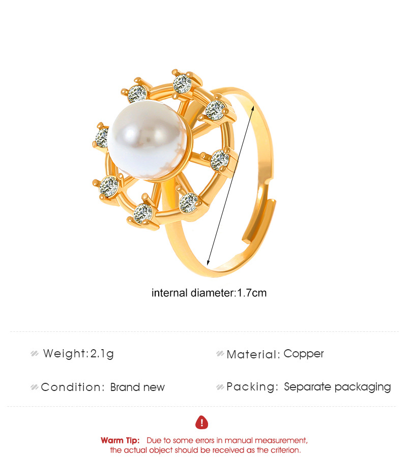 Fashion Flower Copper Inlay Artificial Diamond Pearl Rings 1 Piece