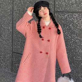 可爱学院风红色格纹毛呢外套女2025新款秋冬中长款娃娃领呢子大衣
