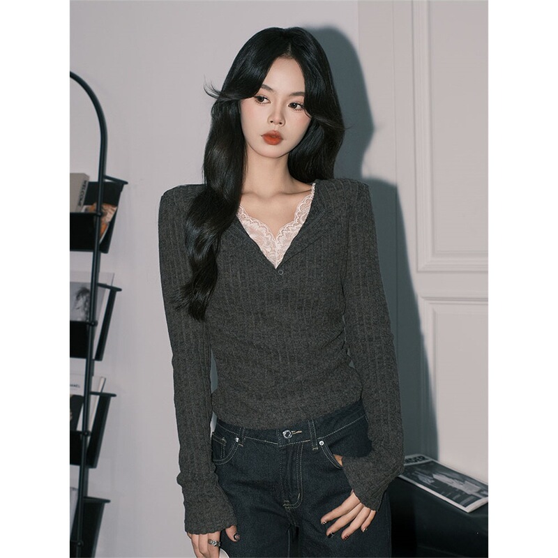Forever21 elegant gray lace two-piece V-neck knitted top for women, a slim-fit long-sleeved base layer Forever21 elegant gray lace two-piece V-neck knitted top for women, a slim-fit long-sleeved base layer