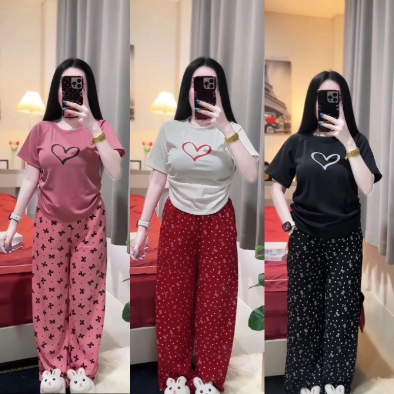 Shirin osilish ayollar yozgi yurak rangulli T-shirt va shim to'plami