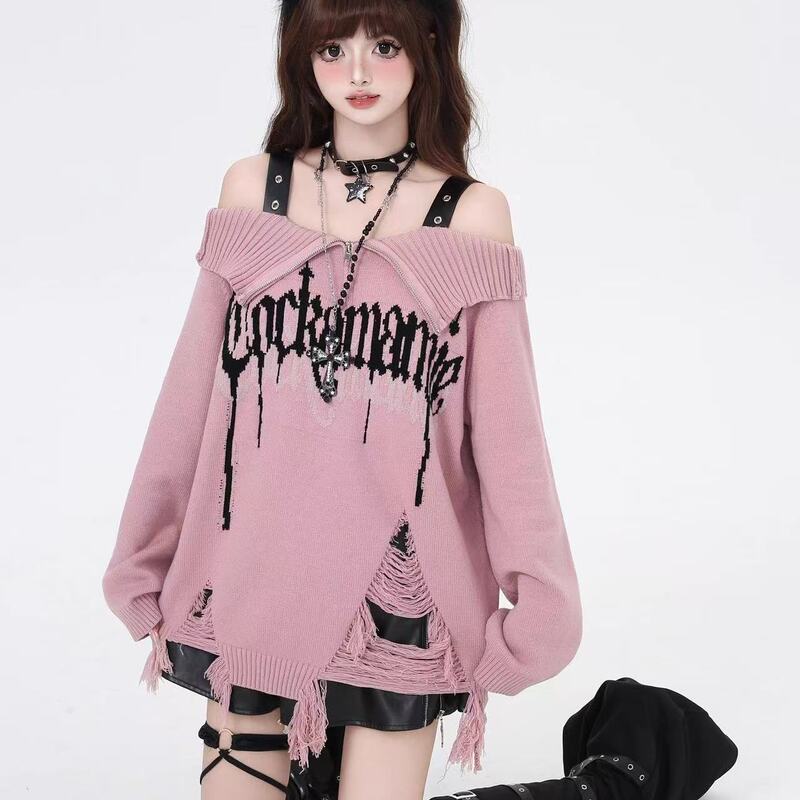 Trendy Korean-Style Lazy Punk Off-Shoulder Collared Sweater for Women, Autumn and Winter Subculture Ripped Versatile Knitwear