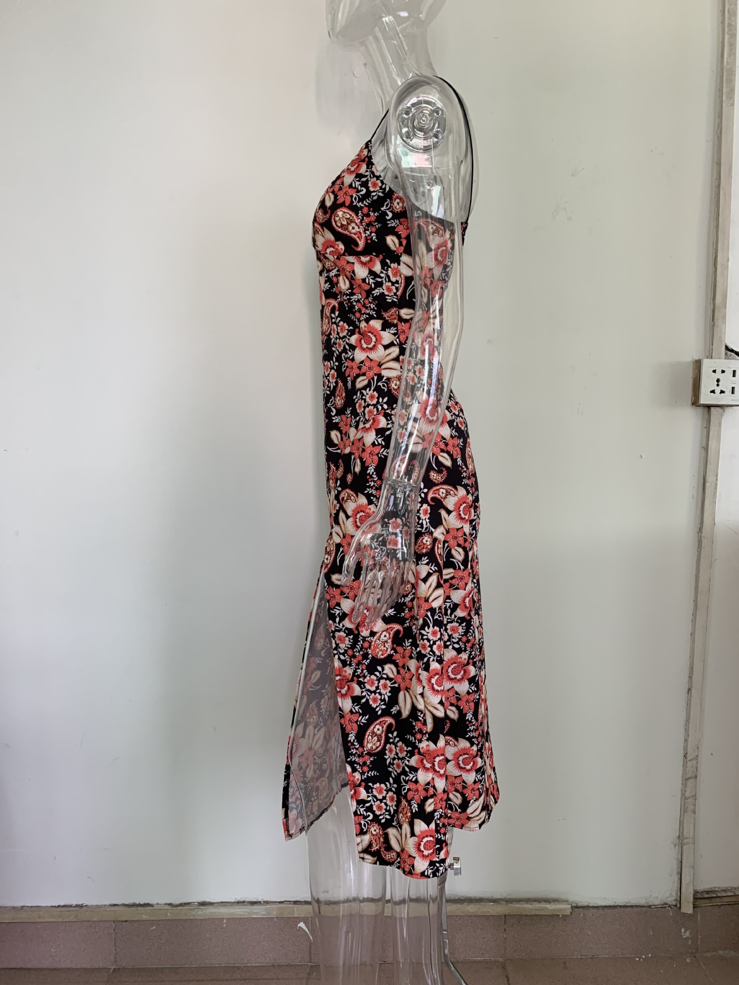 Dress Summer Floral Print Slit V neck Low Cut Sexy Sling Dress