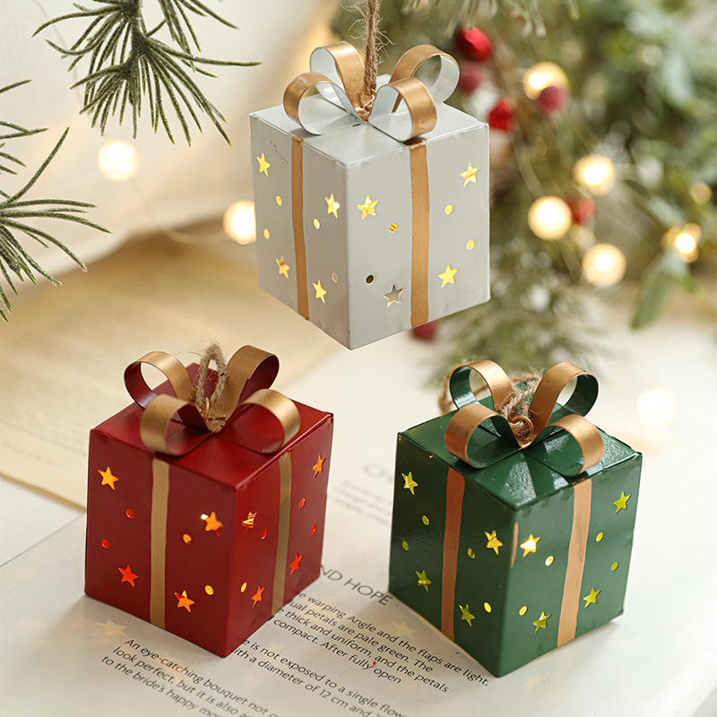 Caja de regalo de estrellas de hierro forjado luminoso colgante de forma especial decoración de Navidad creativa colgante de árbol de Navidad colgante