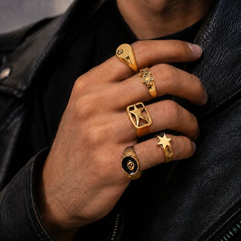 Cross-border best-selling gothic style men's punk ring, unique retro pentagram hip-hop niche stackable ring accessory