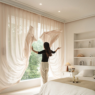 Wulin Meng master carved embroidery cream wind simple transparent opaque sunscreen bedroom floating window screen Shaoxing Keqiao wholesale