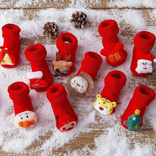 Newborn Baby Boy and Girl Infant Toddler A-Grade Combed Cotton Autumn/Winter Fleece Lined Thick Warm Red Mid-Calf Socks