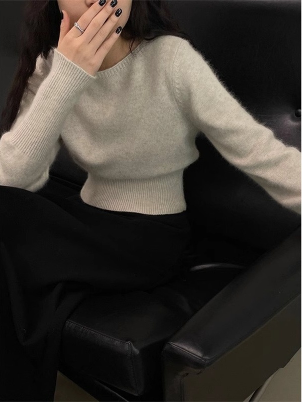 圆领毛衣打底衫浣熊绒针织衫套头女秋冬修身收腰短款羊毛内搭上衣|undefined