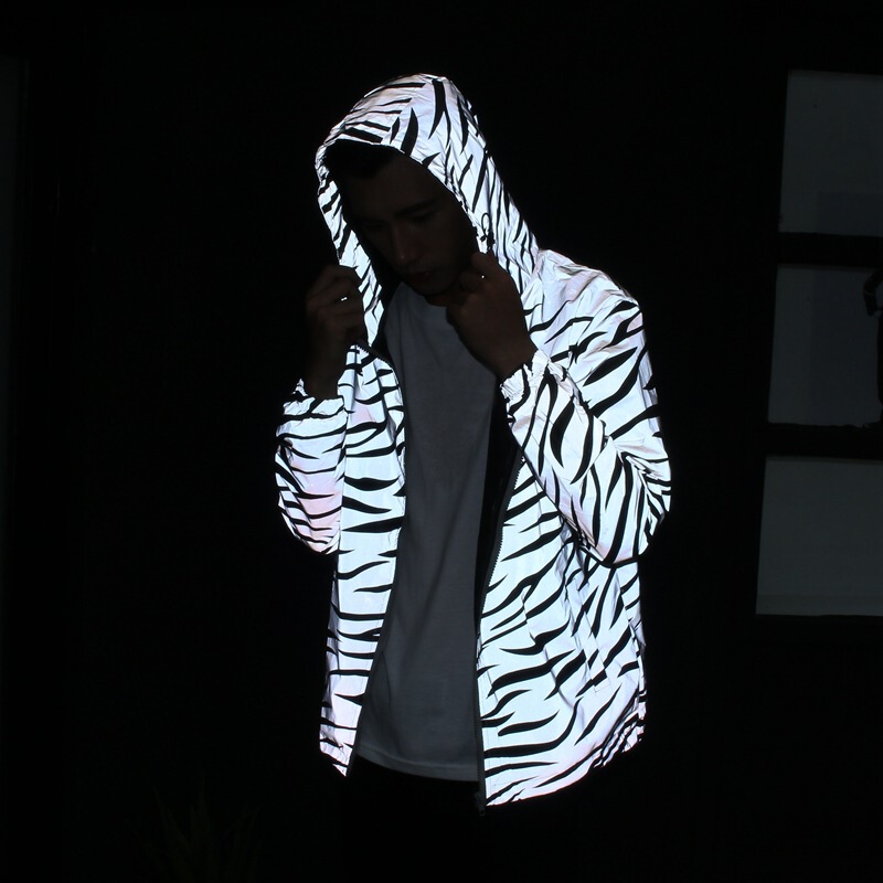 Bright Silver Reflective Zebra Striped Jacket Trendy Brand Men's and Women's Casual Windbreaker Student Couple Hooded Jacket Trendy Clothing Wholesale