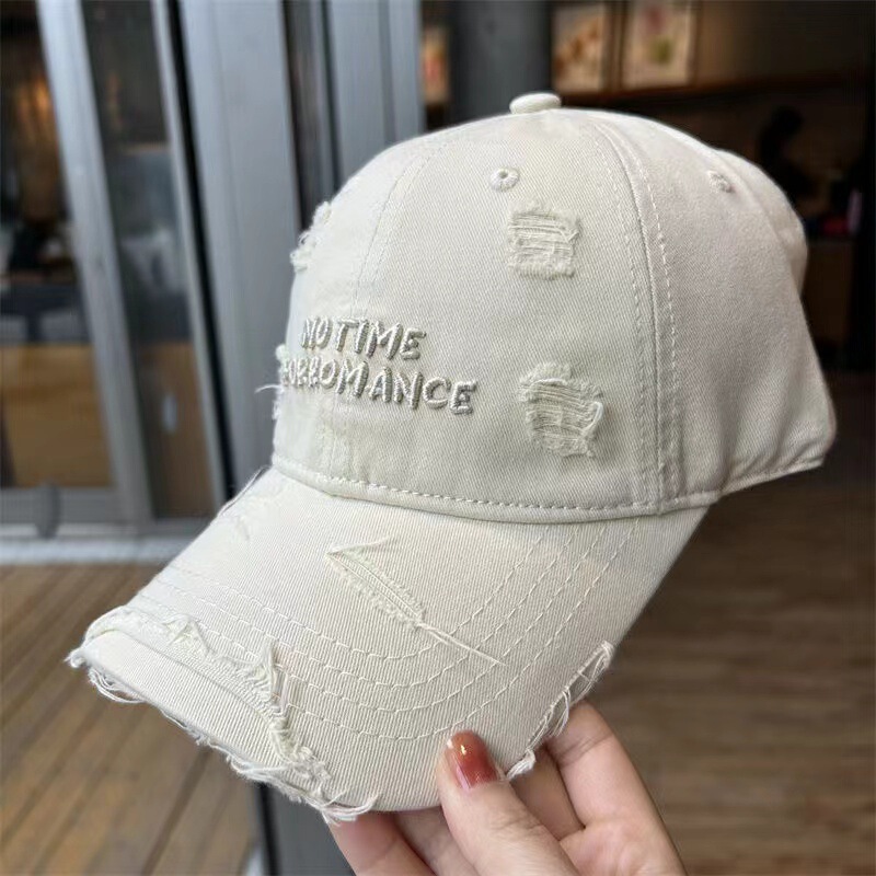 Ripped Baseball Cap for Women with Letter Embroidery, Washed Cotton Duckbill Cap, Face-Slimming, Enlarged and Widened Brim, Soft Top Sun Hat